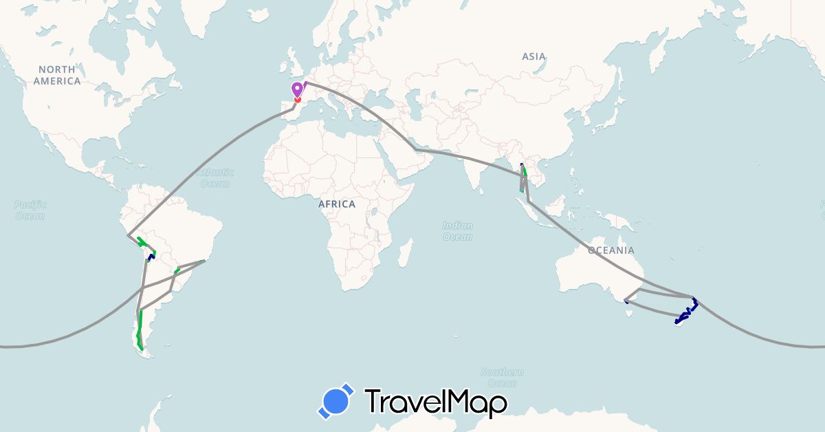 TravelMap itinerary: driving, bus, plane, train, hiking, boat in Argentina, Australia, Bolivia, Brazil, Chile, Spain, France, Malaysia, New Zealand, Peru, Qatar, Thailand (Asia, Europe, Oceania, South America)
